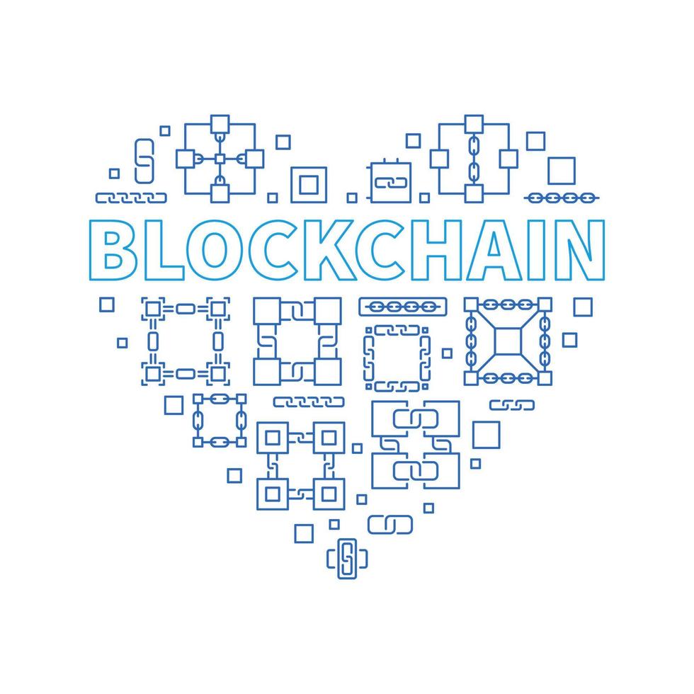 Blockchain vector concept heart shape line blue illustration