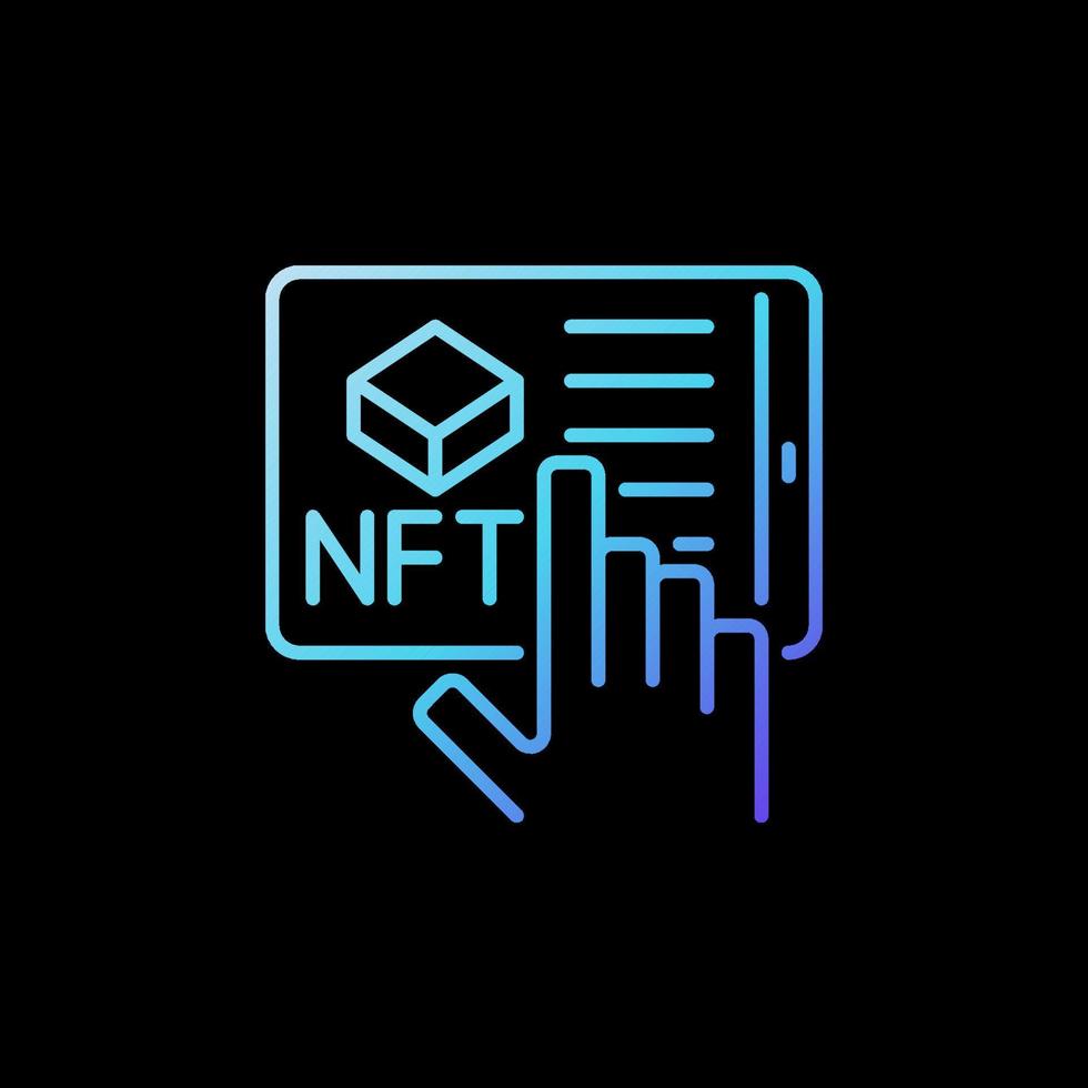 nft y tableta con icono azul lineal de mano. símbolo de línea de compra en línea de vector