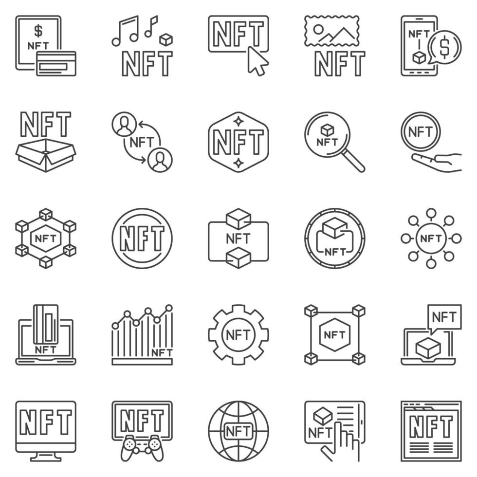 NFT outline vector icons set - Non-Fungible Token line symbols