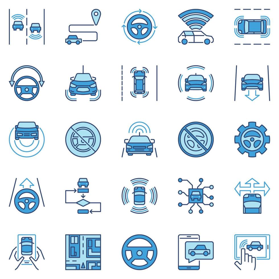 Autonomous Vehicle AV colored icons - vector Car Autopilot  signs