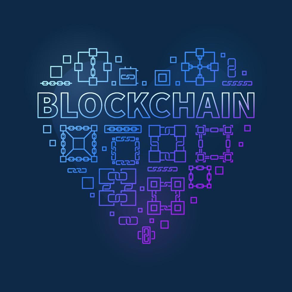 Blockchain vector heart shape colored outline illustration