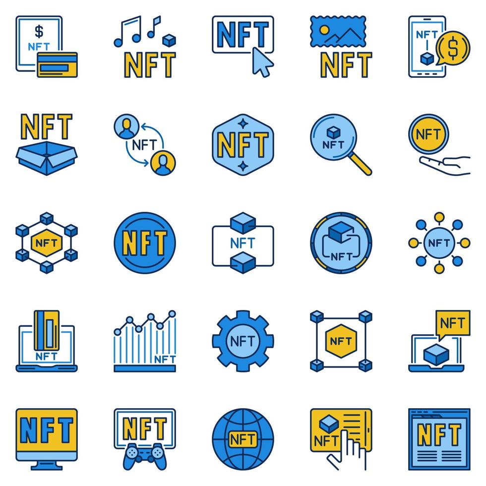 NFT Technology - Non-Fungible Token colored vector concept icons set