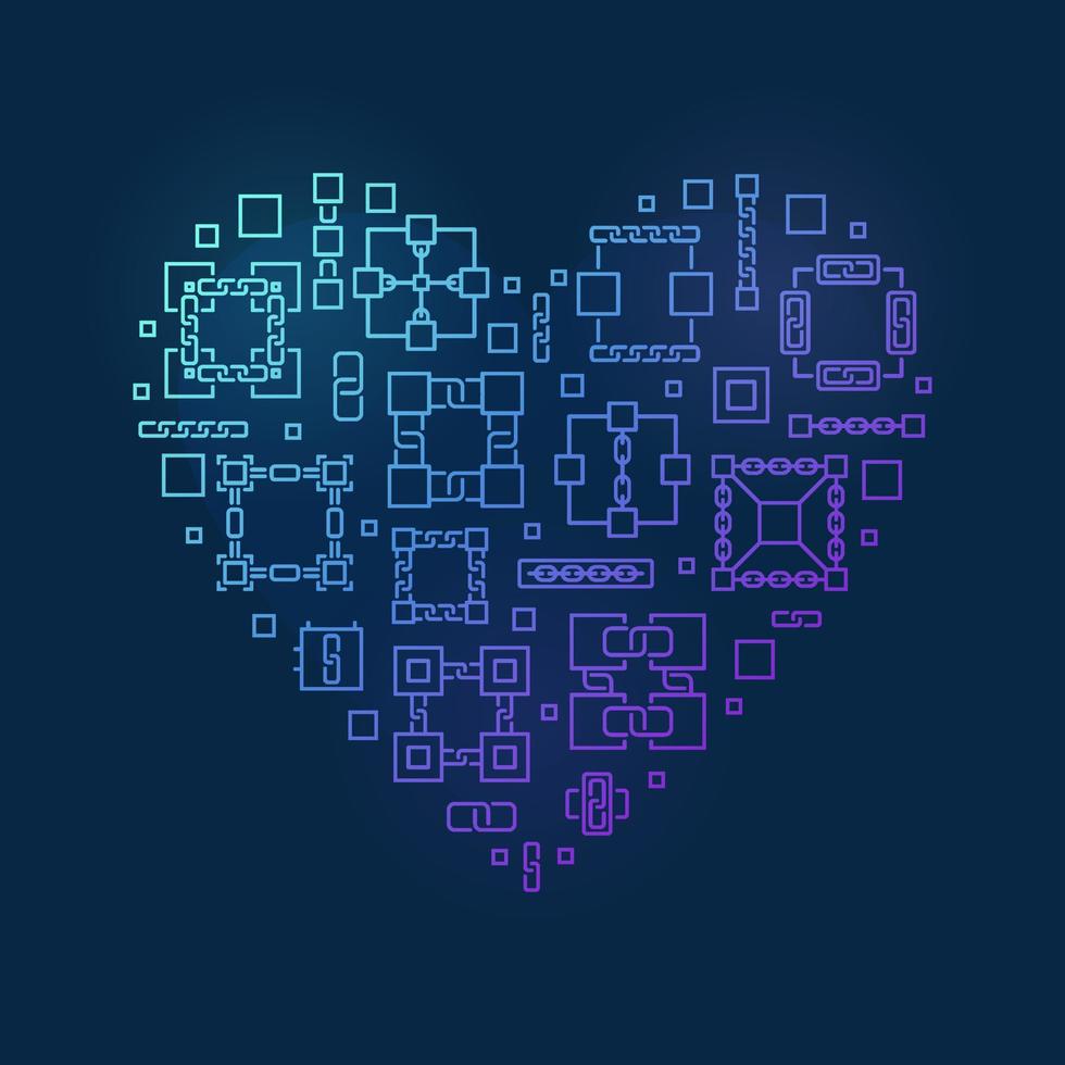 Blockchain linear vector heart shape colored illustration