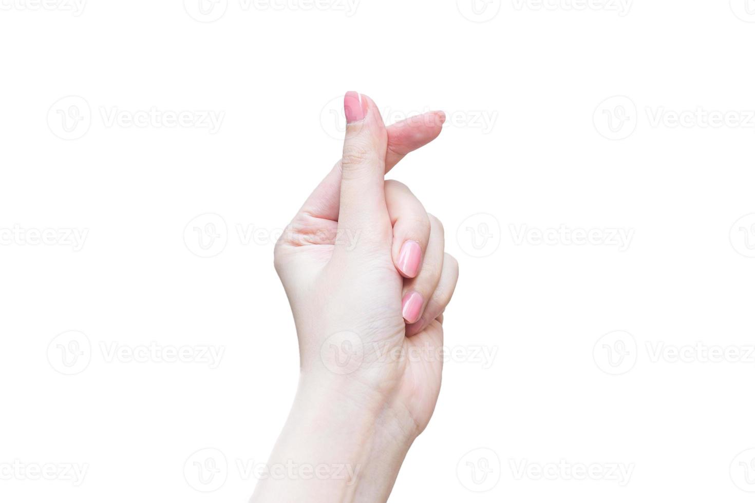 Asian woman make her hand like mini heart shape Korea style as a sign of love isolated on a white background. photo