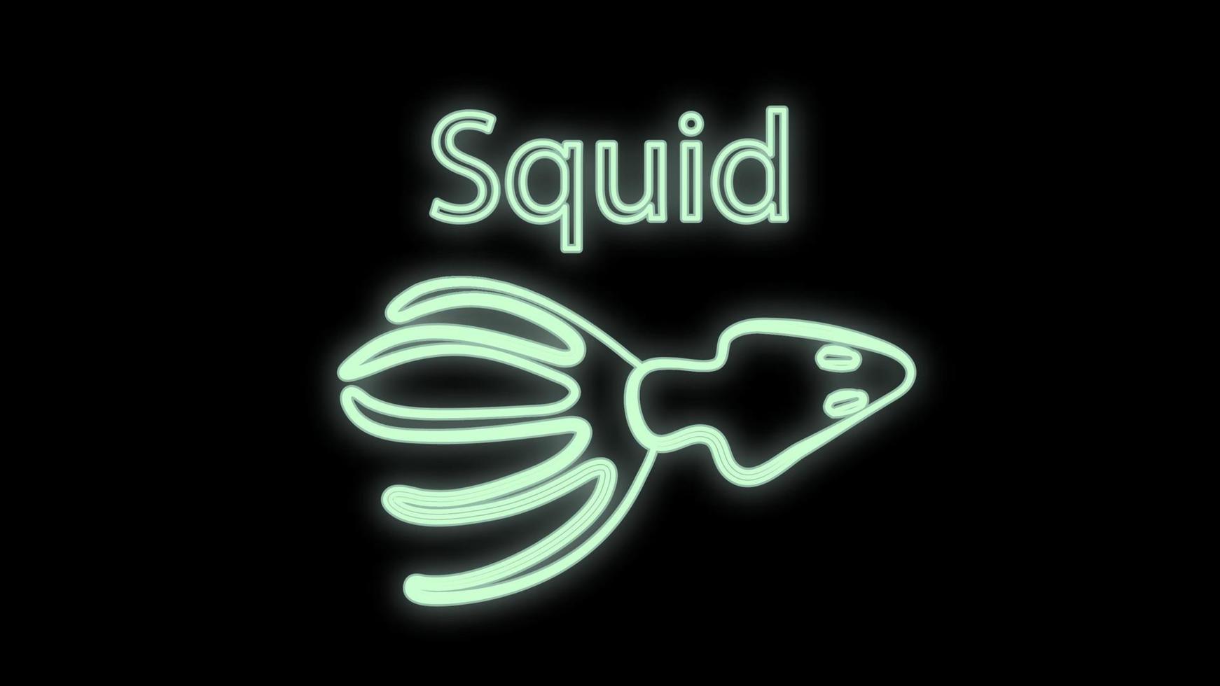 squid on a black background, vector illustration, neon. white squid with eyes. neon white. bright illumination. signboard with the inscription squid