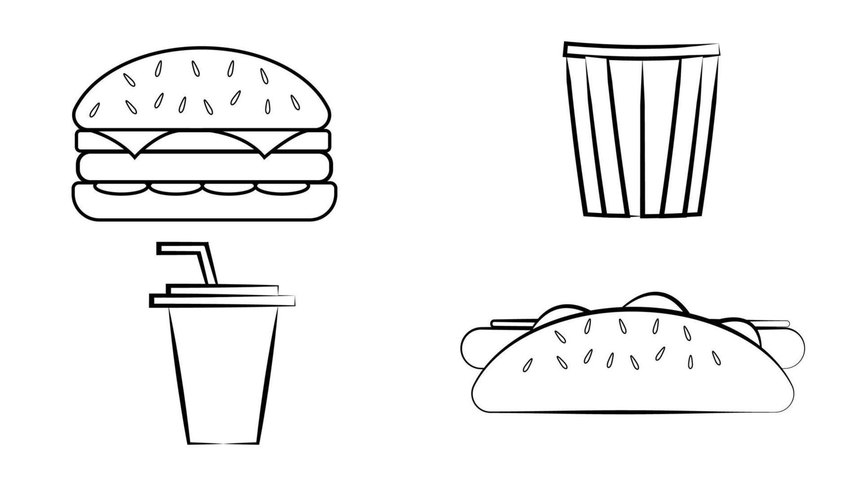 Sketch fast food isolated vector icons pizza, popcorn, nachos and taco with soda drink. Ice cream, donut and cupcake burritos and burger with hot dog and french fries junk meals, street fastfood set