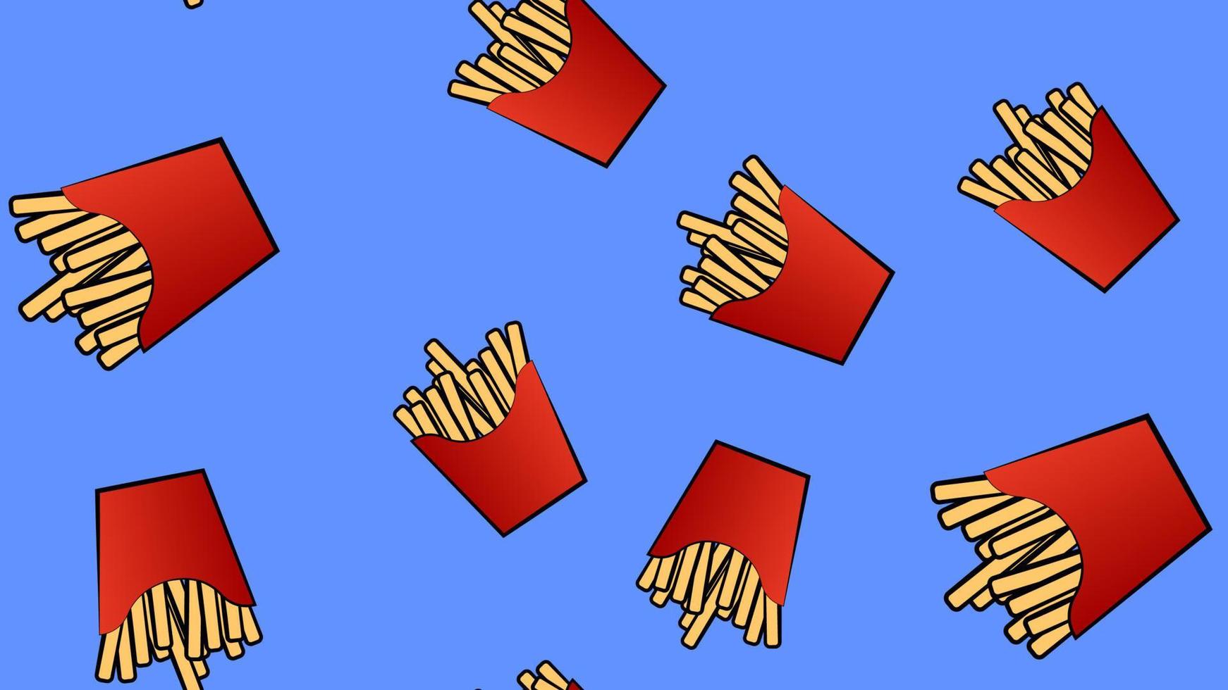 pattern, French fries in a red cup made of cardboard, vector illustration. on a blue background. mouthwatering fried potatoes, fast food for a quick lunch. wallpaper for restaurant and kitchen