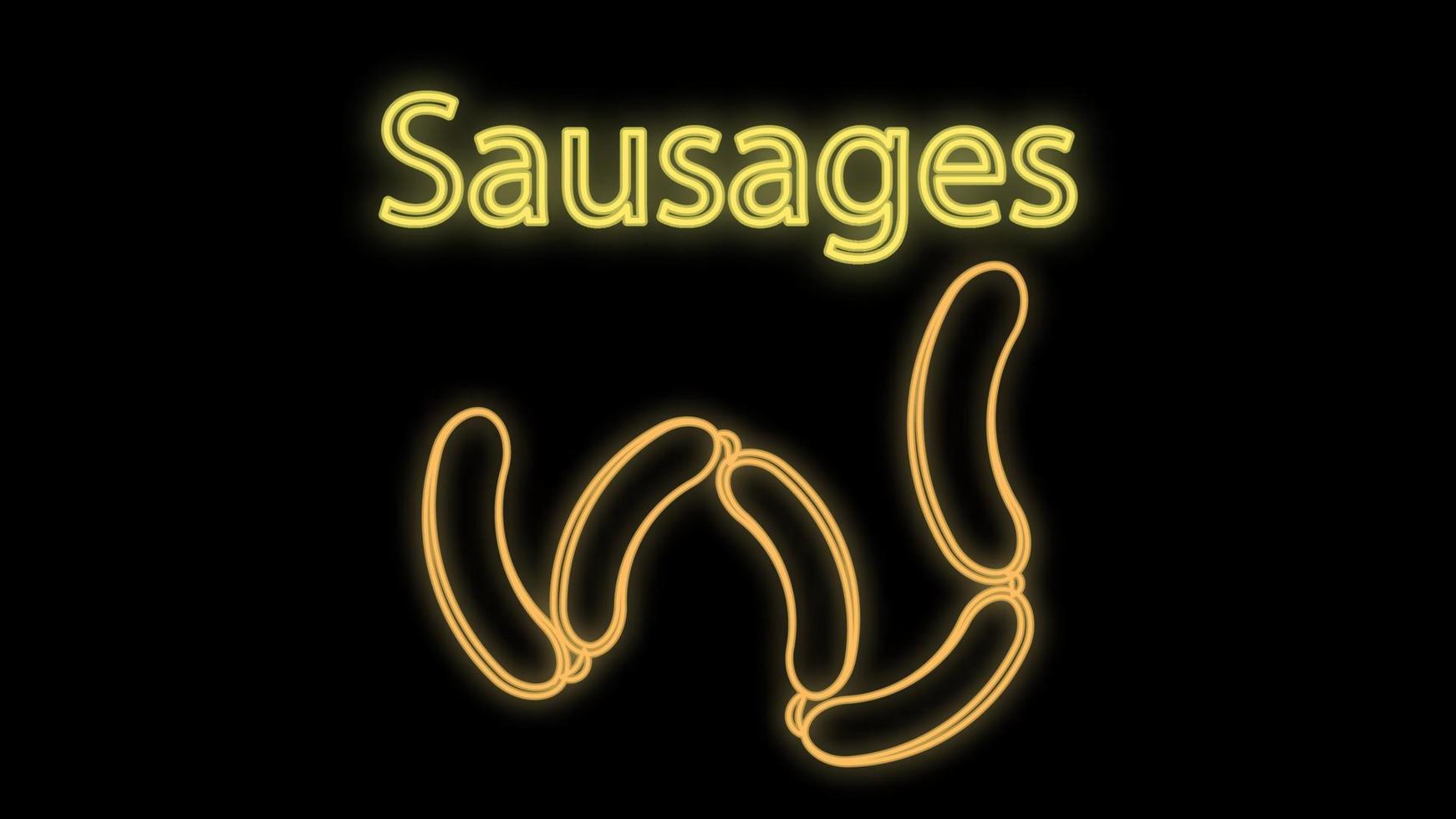 sausages on a black background, vector illustration, neon. a bunch of sausages for lunch and dinner. neon yellow sausages. bright signboard, illumination for cafes and restaurants