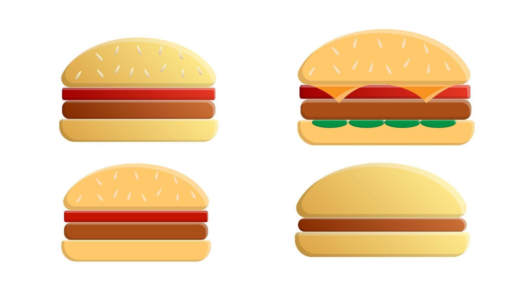 Vector ingredients for classic burger isolated on white. Ingredients bun, cutlet, cheese, bacon, sauce, buns, tomato, onion, cucumbers, beefs ham. Fast food ingredient for burgers