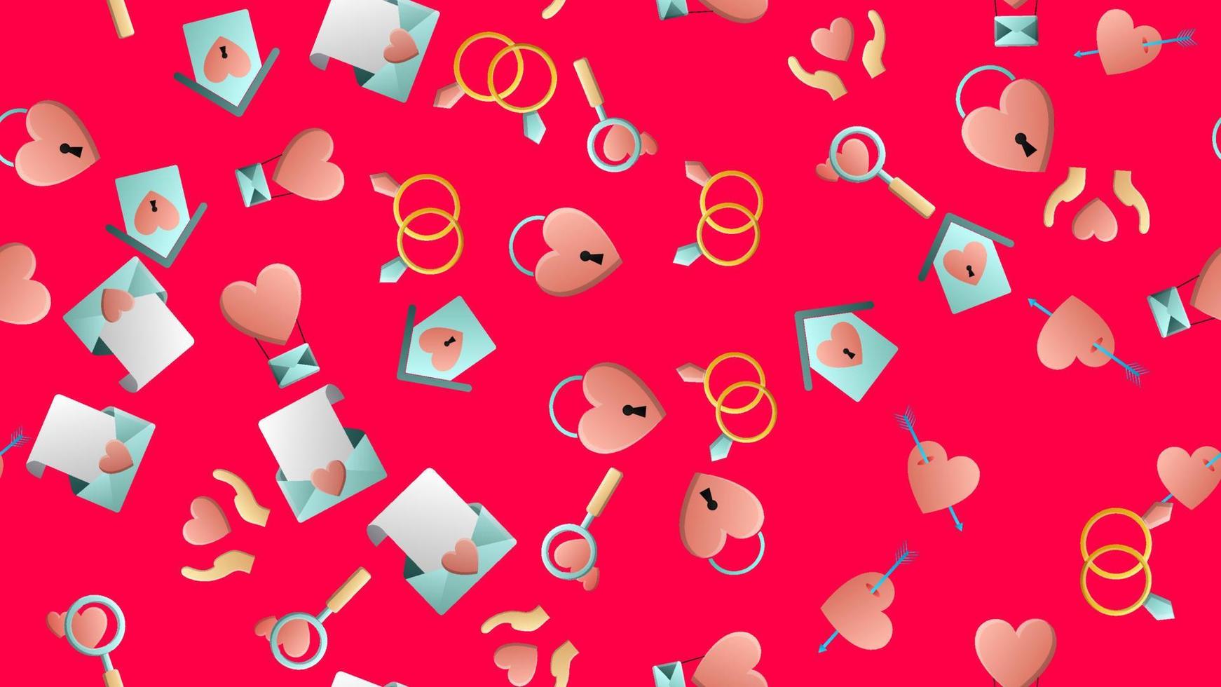 Endless seamless pattern of beautiful festive love joyful tender sets of heart objects with magnifying glasses houses arrows and letters on a red background. Vector illustration