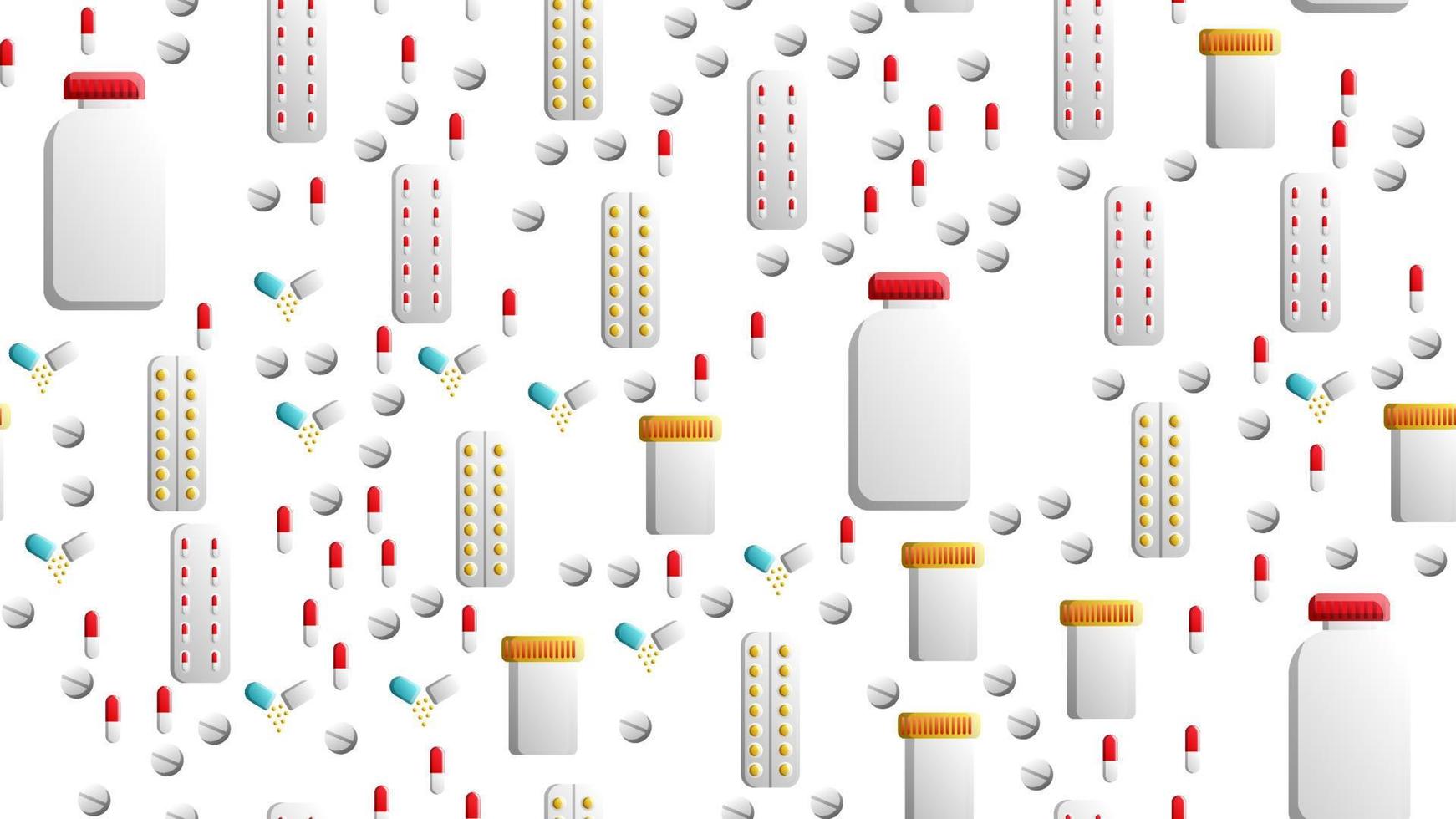 un sinfín de patrones sin fisuras de frascos de iconos de objetos médicos científicos médicos con cápsulas de pastillas sobre un fondo blanco. ilustración vectorial vector