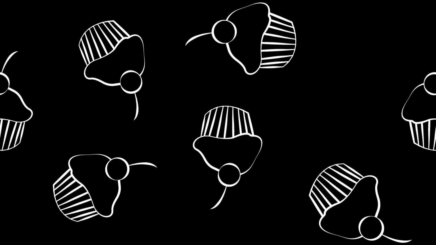 Seamless cute black and white cupcake doodle pattern. It includes yummy deserts with icing, cherry, strawberry, cream vector