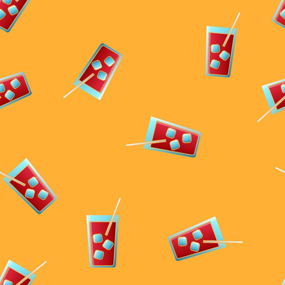 Endless seamless pattern of beautiful glass glasses with tasty alcoholic cocktails with ice and straws for a party on a yellow background. Vector illustration