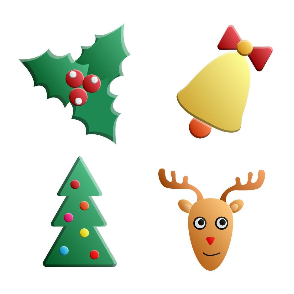 navidad año nuevo símbolos pino, regalo, caramelo, ciervo, campana, juguete, letras, bayas de acebo, hombre de nieve, bastón, manopla, chuchería vector