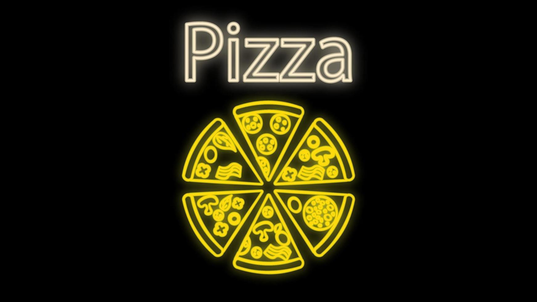 pizza sobre un fondo negro, ilustración vectorial, neón. pizza con relleno en amarillo neón con una pizza de inscripción. señal luminosa brillante para decoración y decoración de restaurantes y cafeterías vector