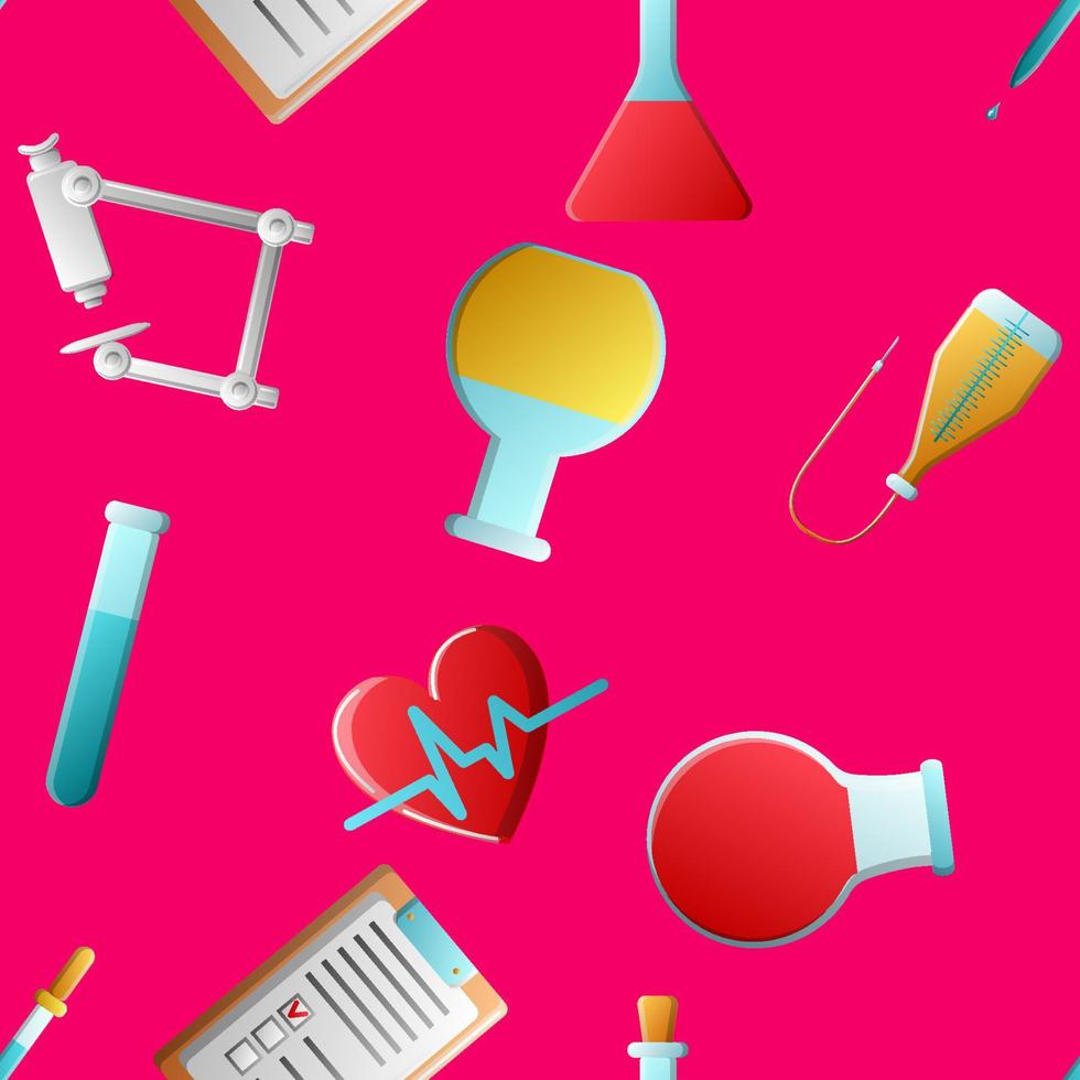 Endless seamless pattern of medical scientific medical objects icons of droppers of hearts with the pulse of flasks of documents and microscopes on a red background. Vector illustration