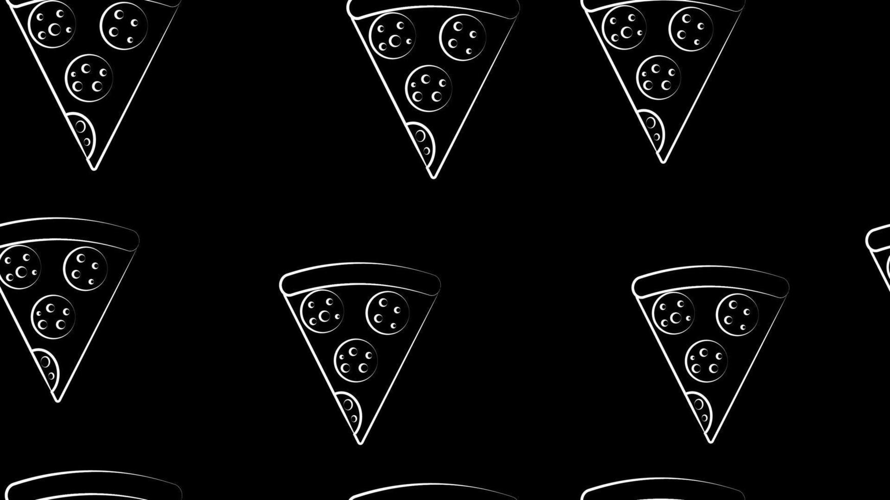 slice of pizza on thin dough, on a black background, vector illustration, pattern. pizza stuffed with meat, cheese. design and decor. black and white pattern in chalk drawing style