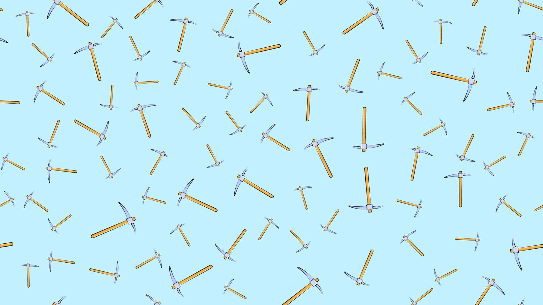 Texture, seamless abstract pattern of construction miner pickaxe with a wooden handle for repair, mining, excavation on a light blue background. Vector illustration