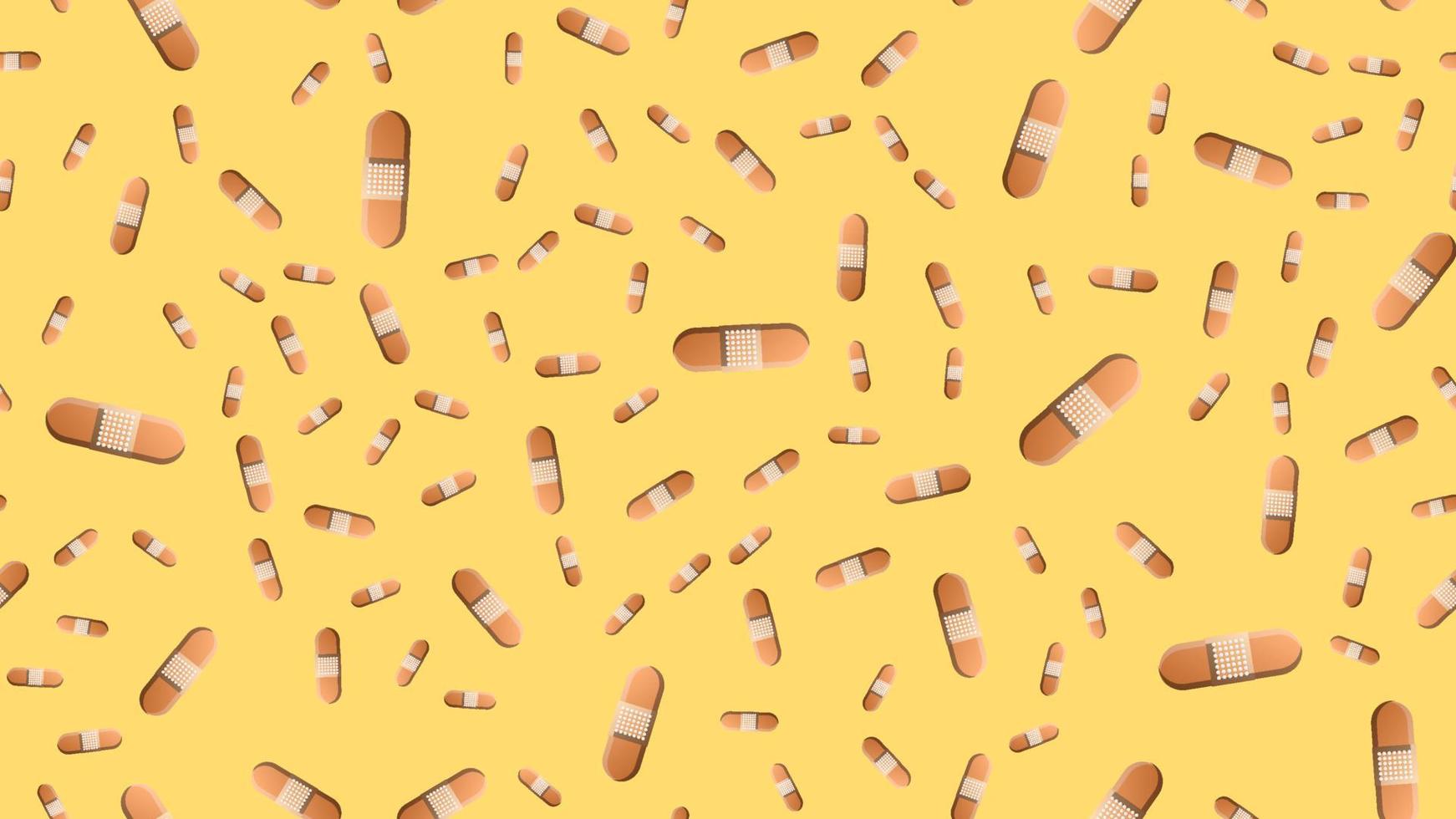 Endless seamless pattern of medical medical scientific objects of disinfecting beige adhesives for the treatment of wounds and cuts on a yellow background. Vector illustration