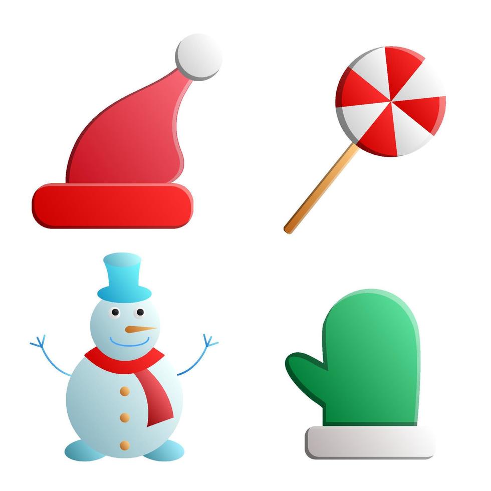 Festive set of different elements for the new year. Christmas Eve. Decorations on the Christmas tree, Santa hat and elf, gift and sweet. Vector flat objects for icon, card, banner and your creativity