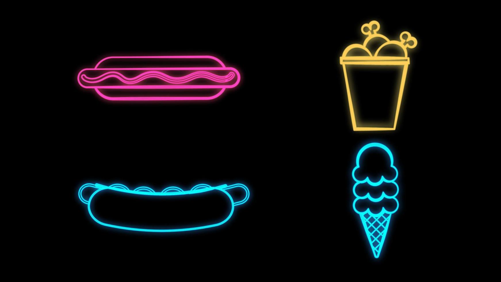 Neon street food icon set. Vector fastfood sign collection. Glowing take away pictogram illustrations in line style. Simple signs for cafe, delivery, stall, stand, vendor