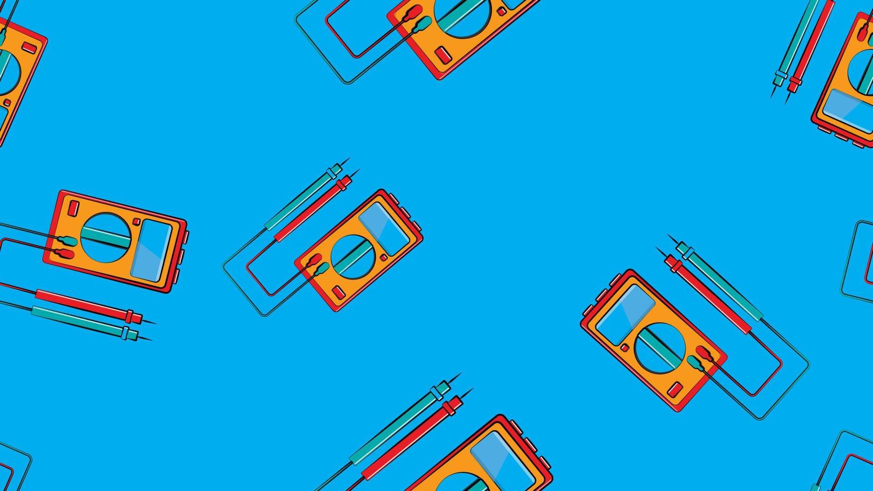 Texture, seamless pattern of red and yellow instruments for measuring the strength and voltage of an electric current, a multimeter, a tester, an electric tool on a blue background vector