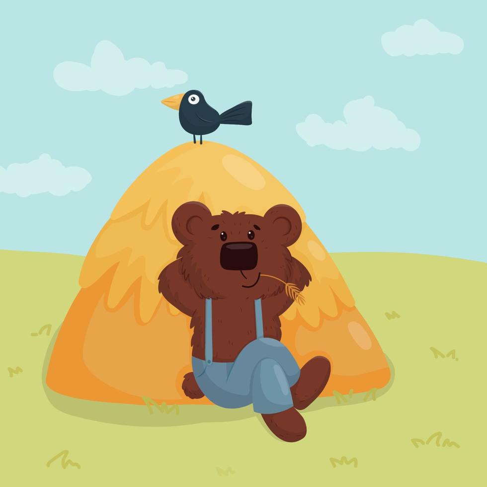Vector illustration of a bear in blue pants sitting near a haystack and holding a blade of grass in his mouth