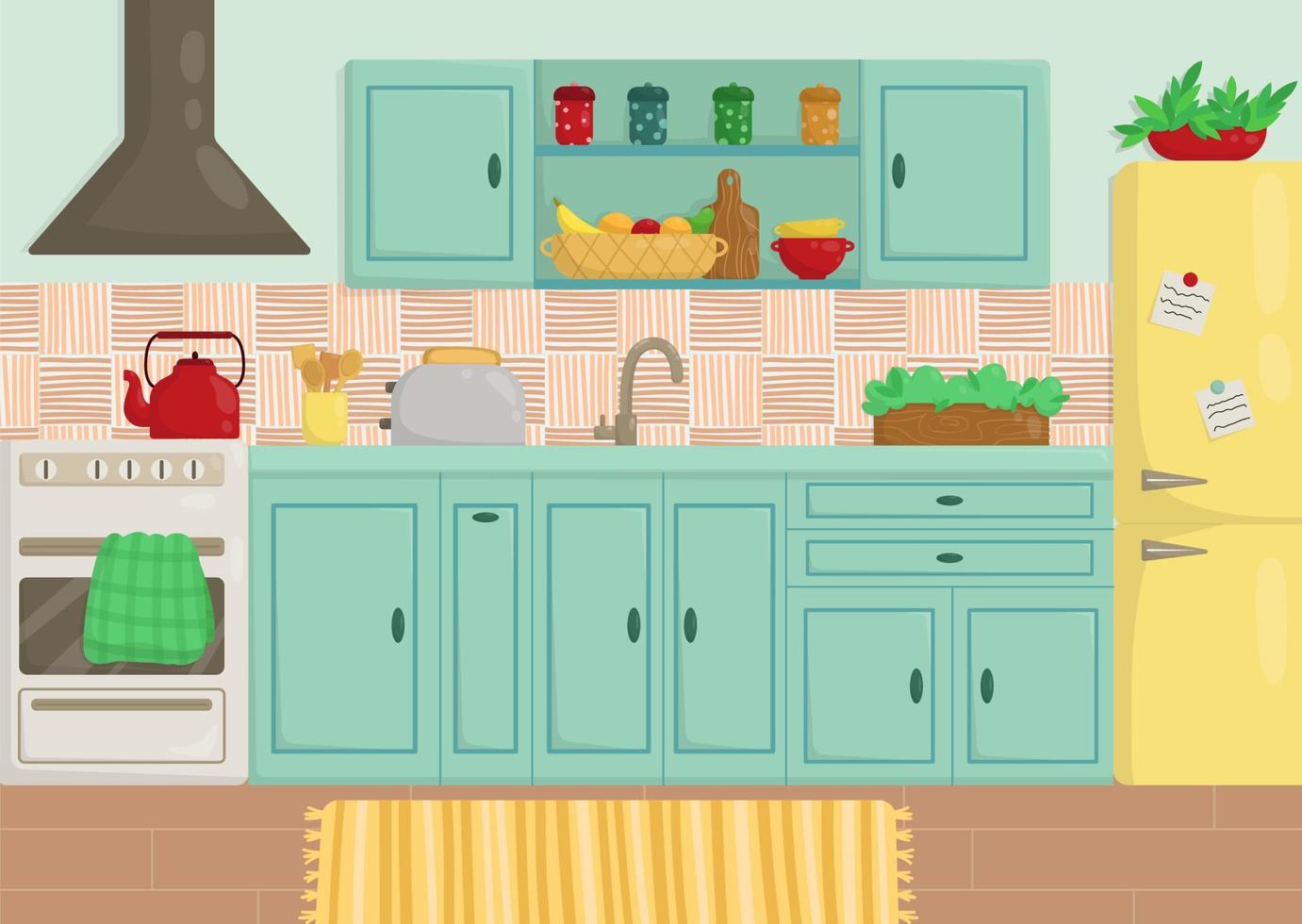 ilustración vectorial con cocina azul y refrigerador amarillo. interior de la cocina vector