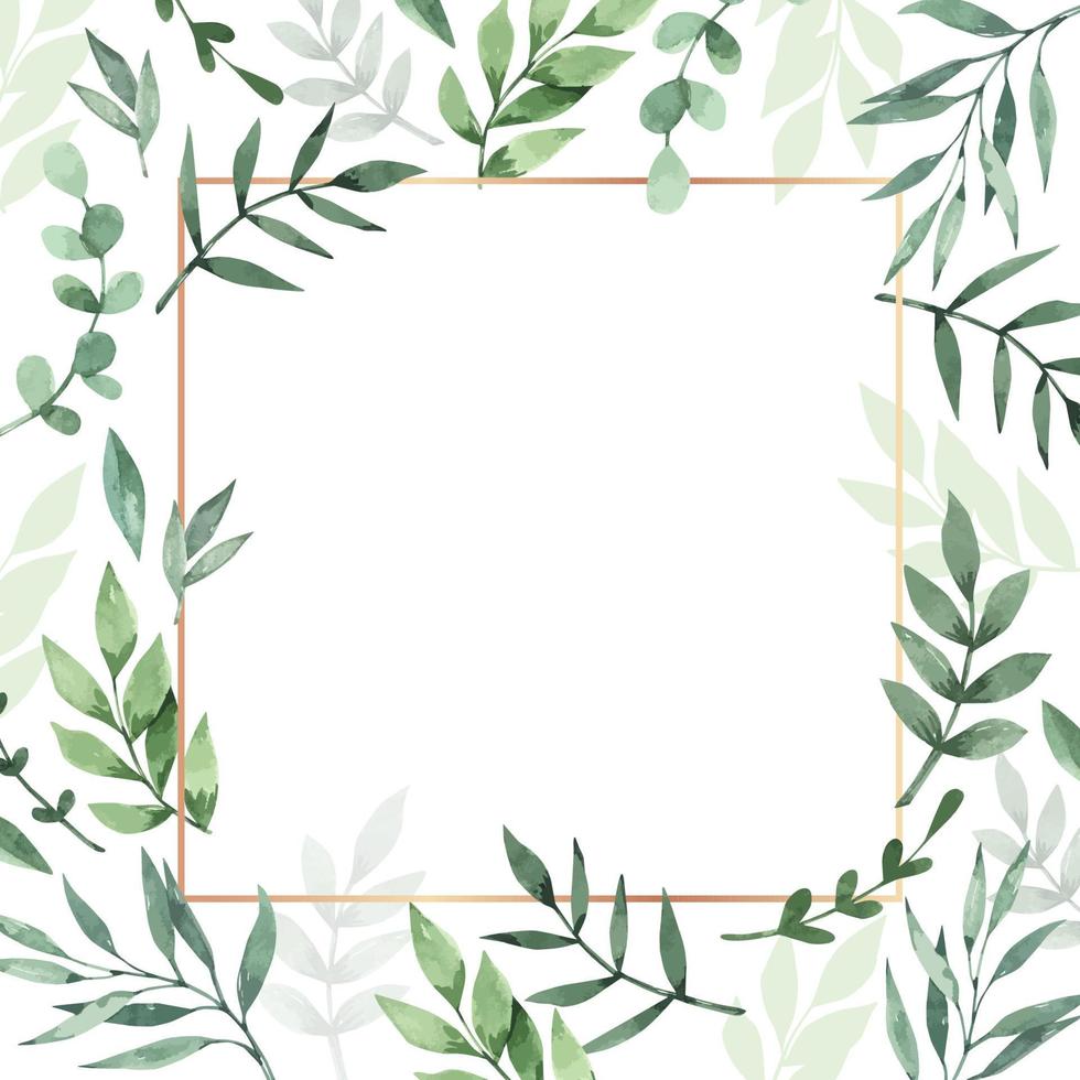 Frame of water color leaves vector background, Hand drawn watercolor illustration. Botanical rectangular border with green branches and leaves. Spring mood. Floral Design elements.