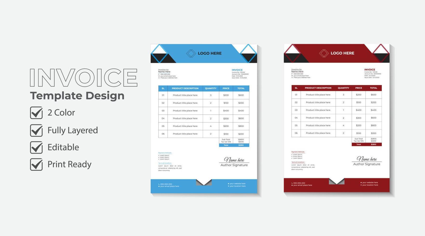 modern corporate business invoice, price list or money receipt template design vector