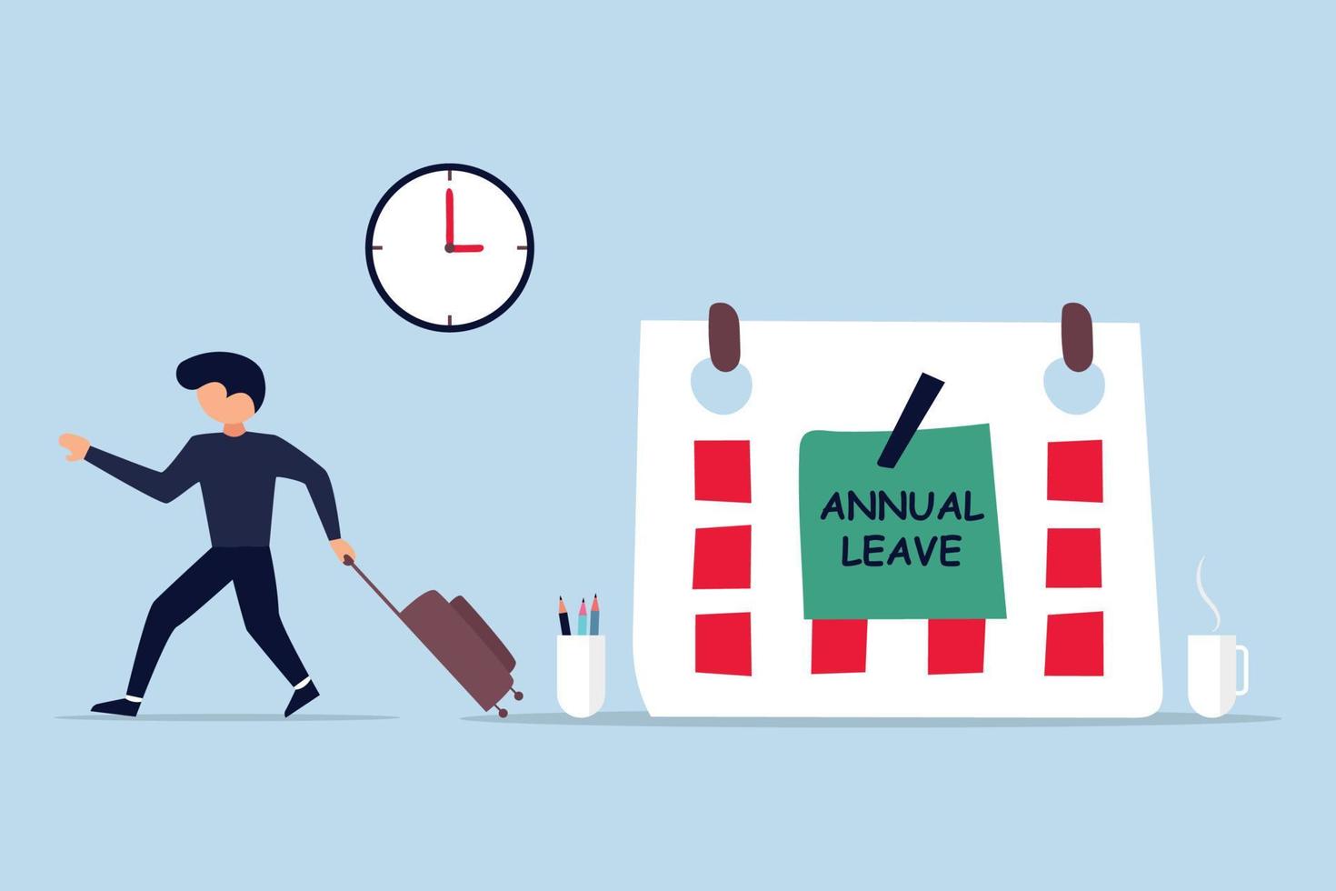 Annual leave. happy businessman running with luggage from calendar with annual leave note. vector