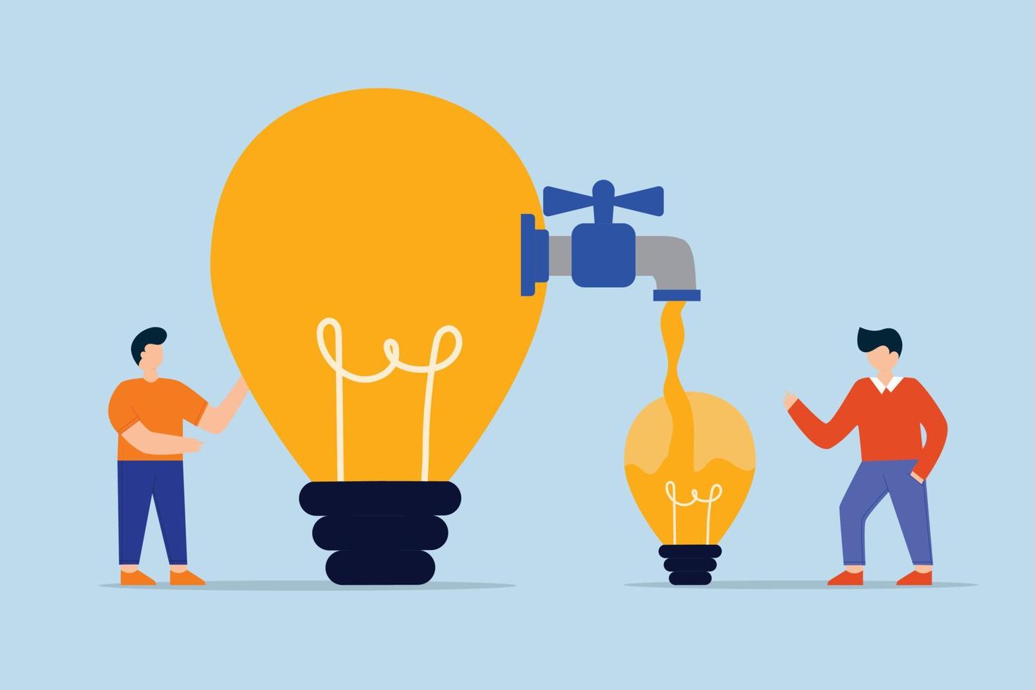 Sharing idea or knowledge sharing. business people transfer idea to new lightbulb. vector