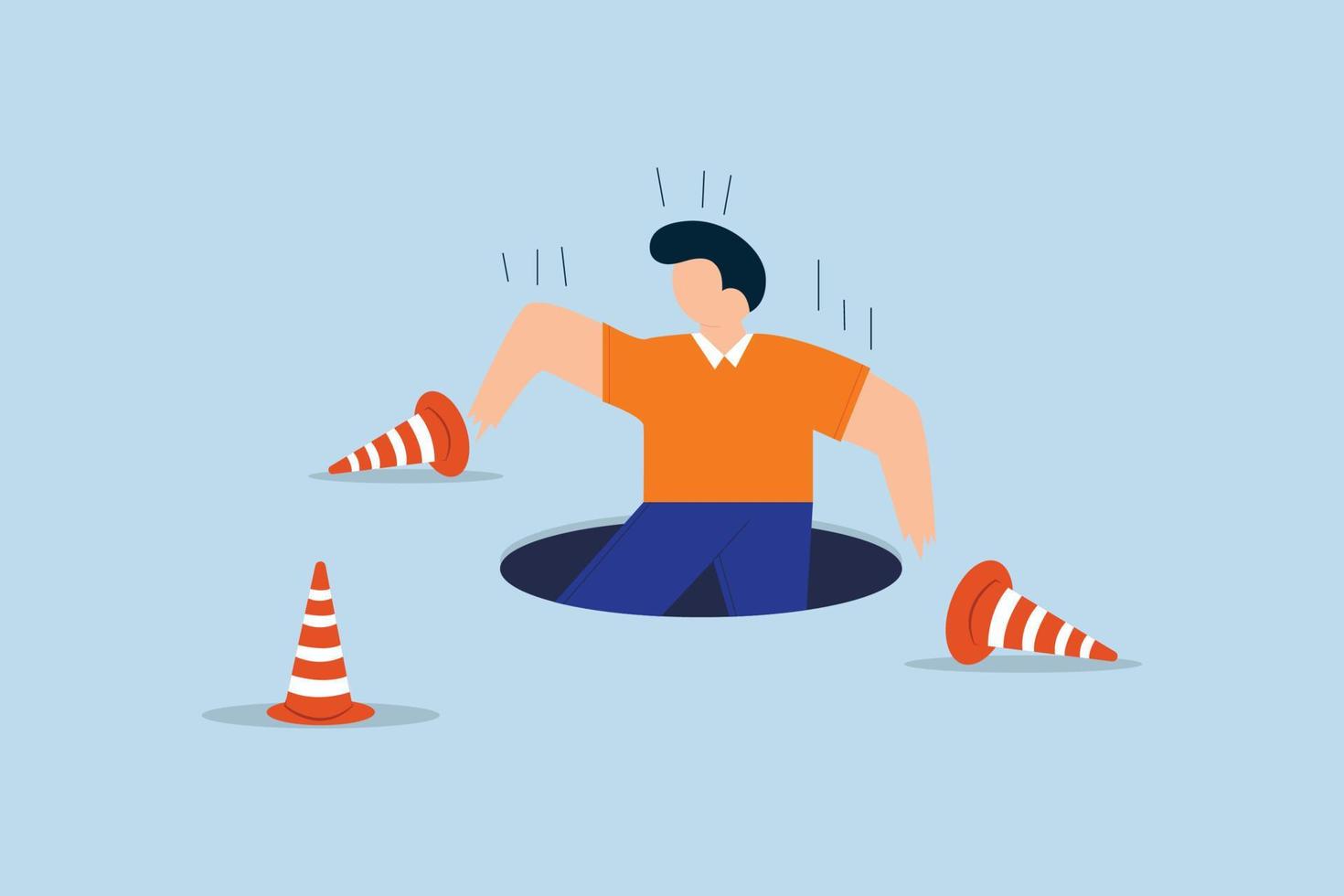Failure or mistake causing catastrophe despair. terrified businessman fall down into the hole vector