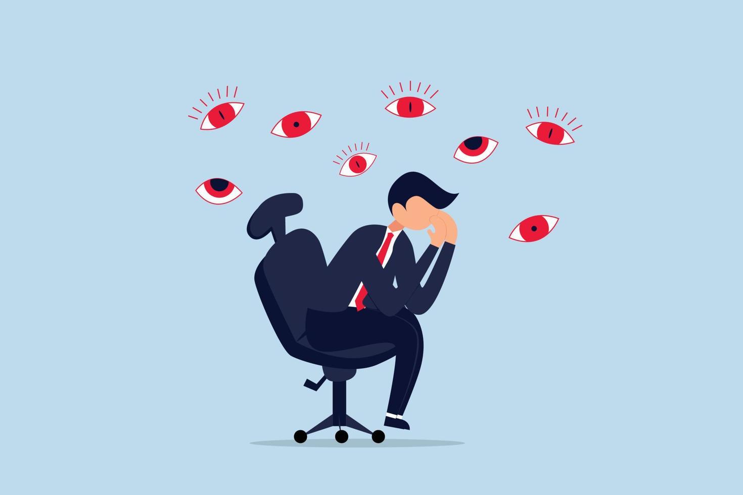 fear and panic cause by mental health. paranoia businessman sitting on a chair with creepy hand and eyes. vector