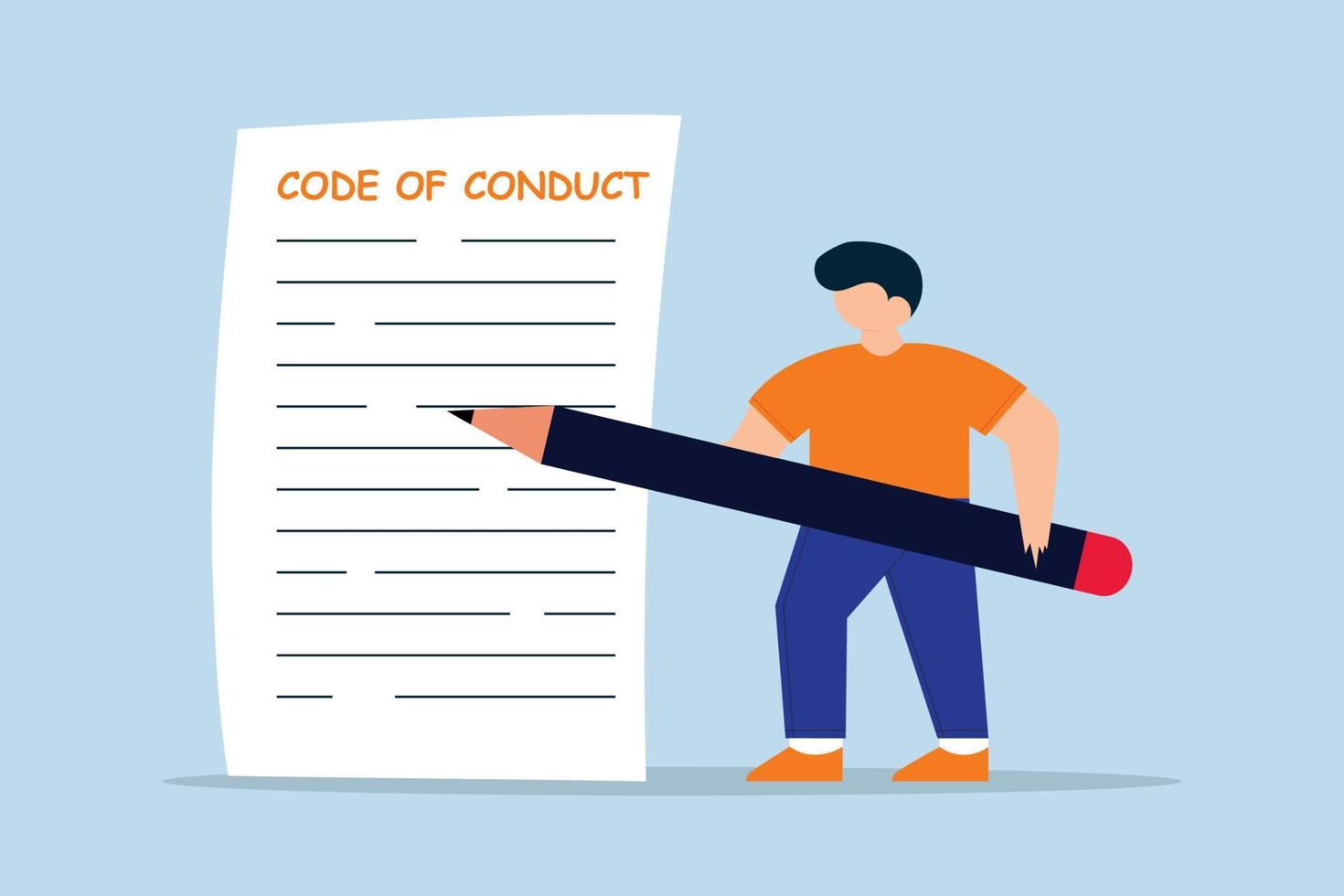 Code of conduct. businessman writing code of conduct document vector