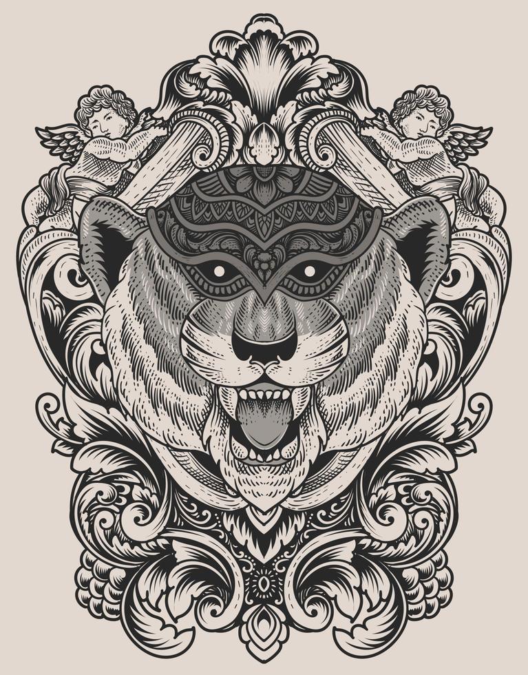 illustration tiger head engraving style with mask vector