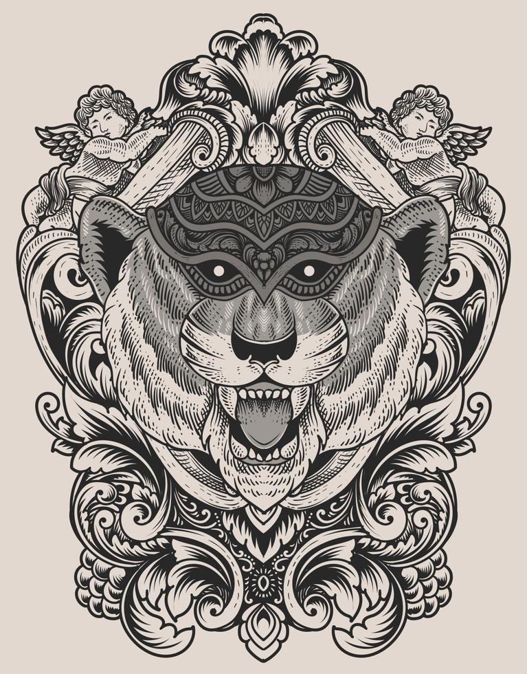 illustration tiger head engraving style with mask vector