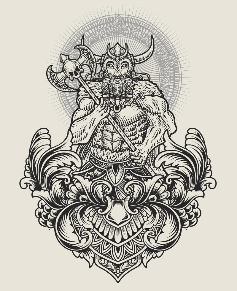 Illustration antique viking warriors with engraving ornament vector