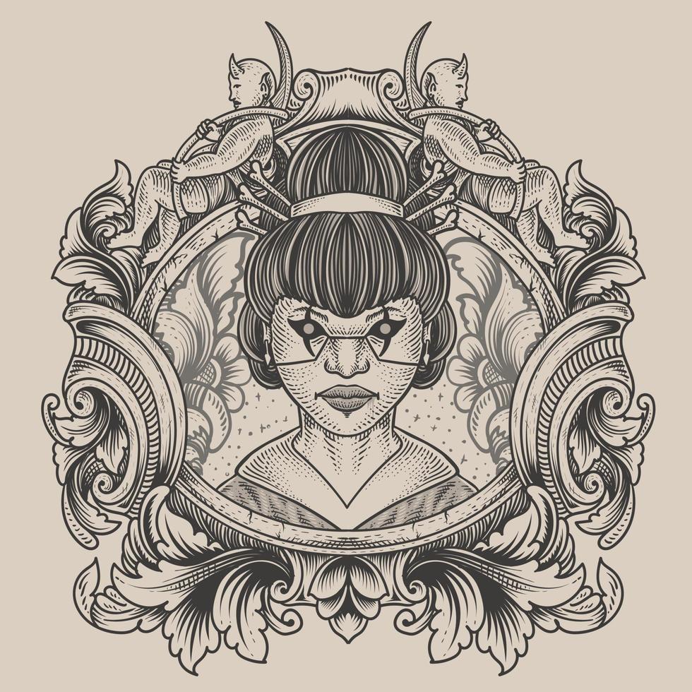 illustration geisha lady with engraving ornament frame vector