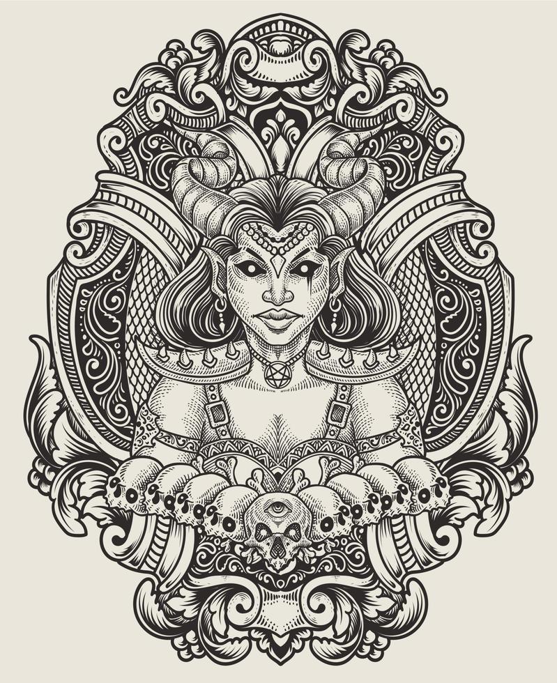 Illustration Demon girl with skull antique engraving style perfect for T-shirt, Hoodie, Jacket, Poster vector