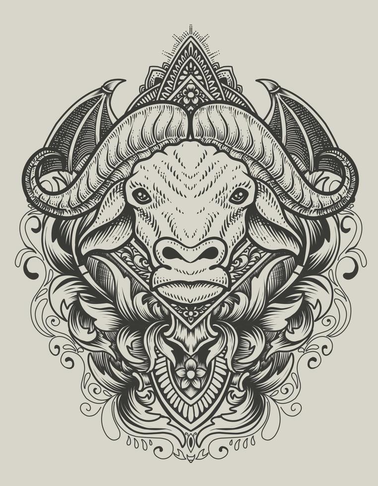 illustration buffalo head with engraving ornament vector