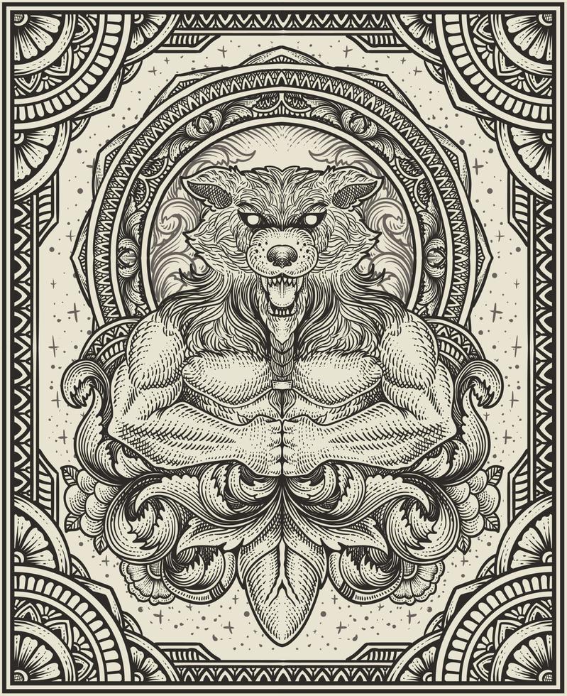 illustration wolf man with antique engraving ornament style vector