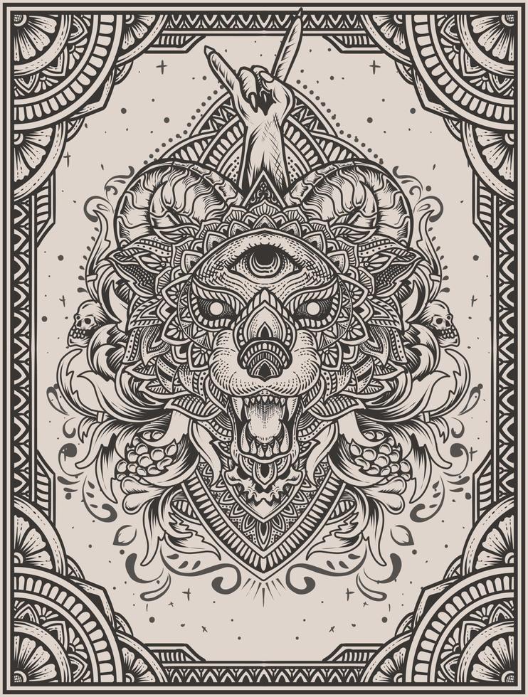 ilustración cabeza de lobo estilo mandala con adorno de grabado vector