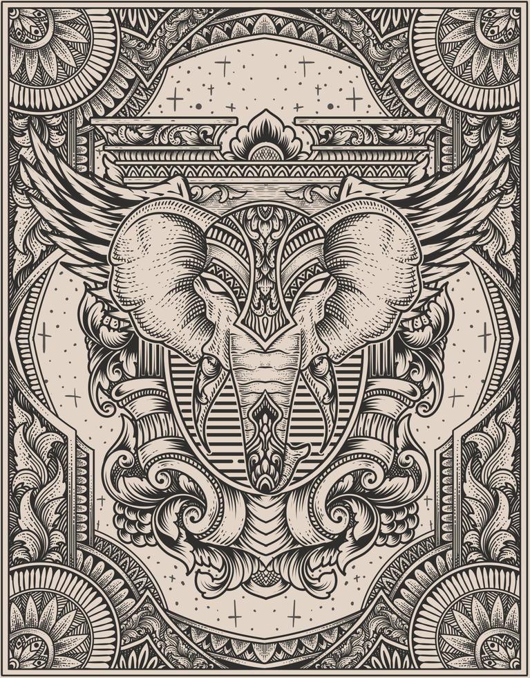 ilustración elefante cabeza grabado ornamento estilo con máscara vector