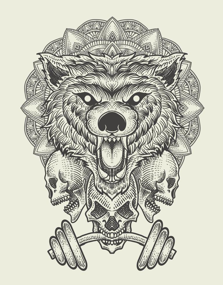 illustration baddas wolf head with skull vector