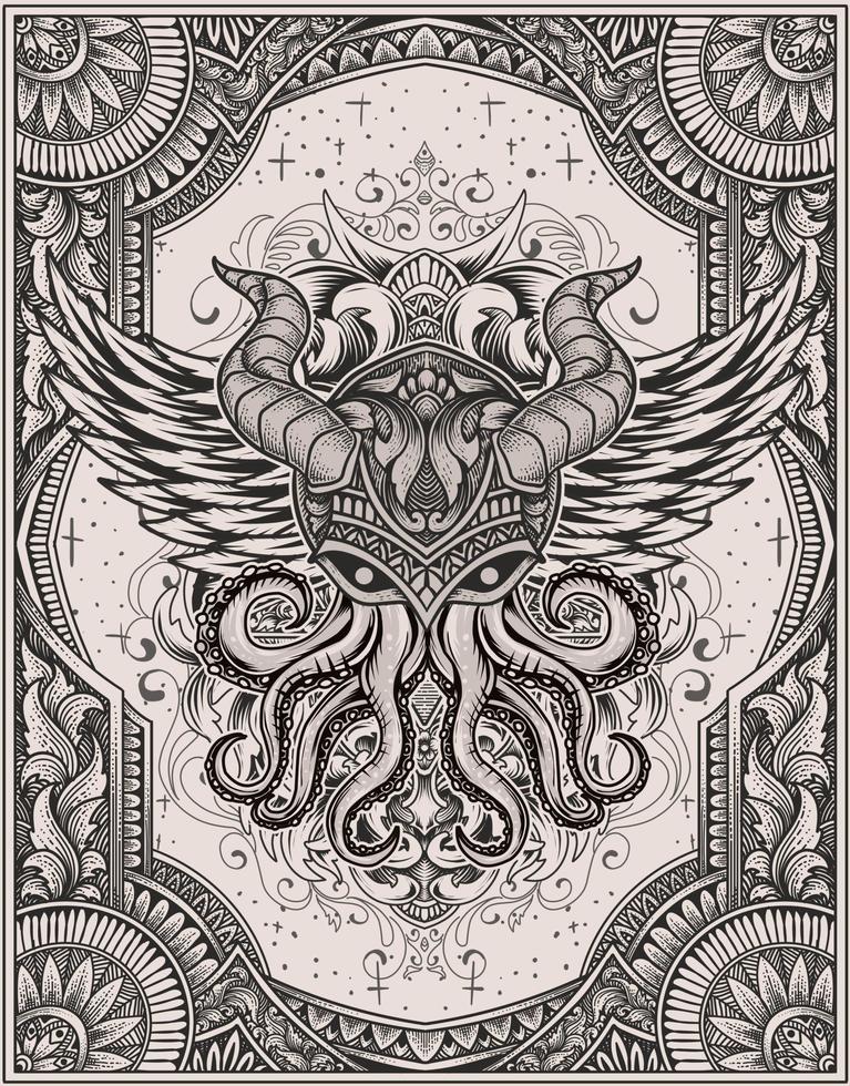 illustration vintage octopus with engraving ornament style vector