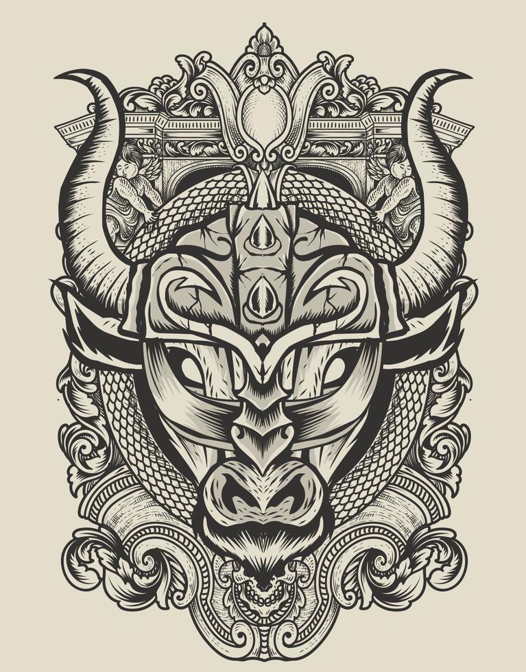 ilustración, cabeza de toro, con, grabado, ornamento vector