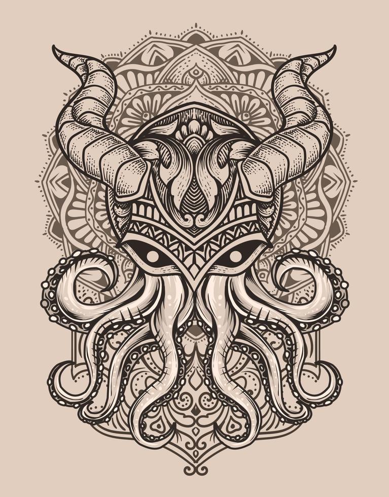 illustration vintage octopus with mandala ornament vector
