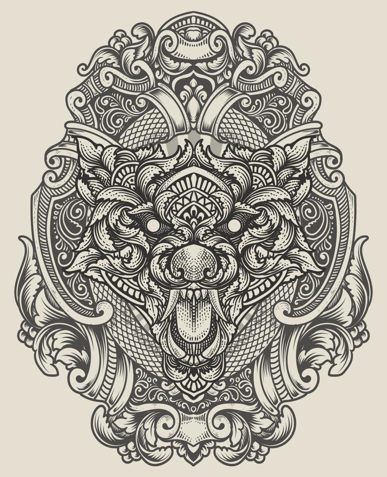 illustration wolf head with engraving ornament style vector