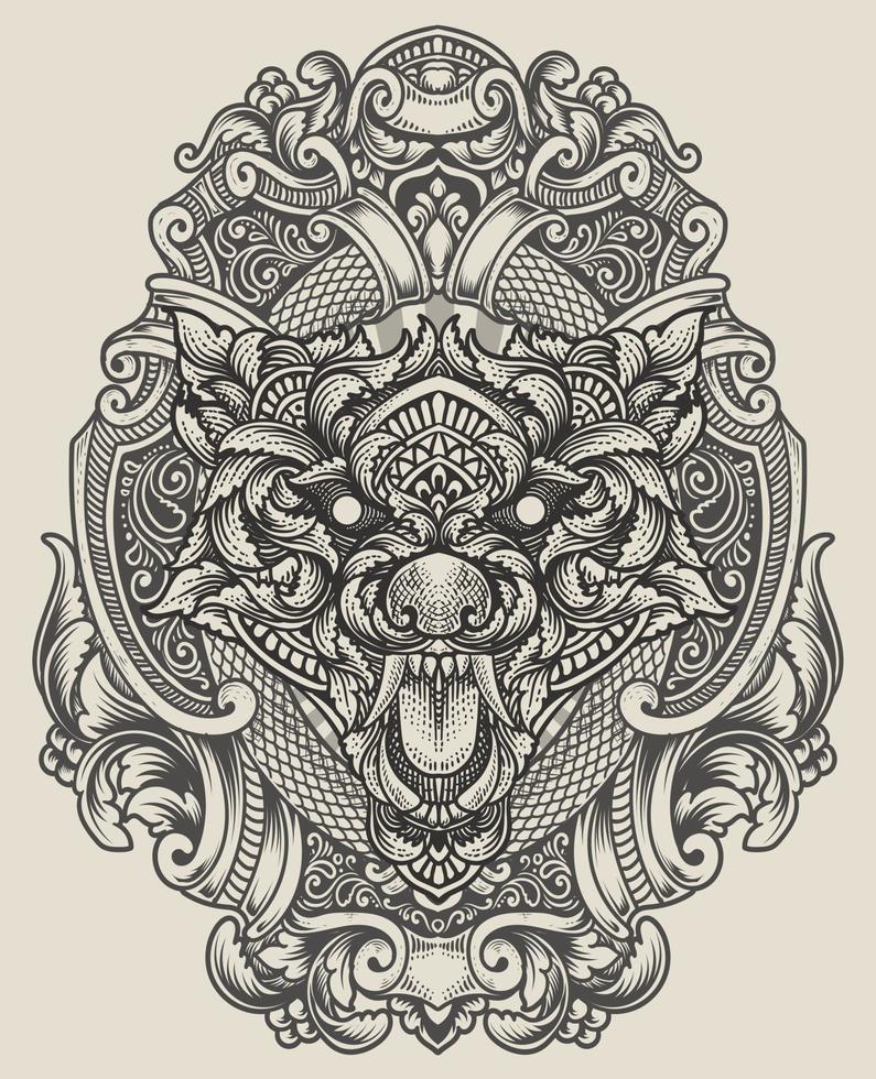 illustration wolf head with engraving ornament style vector